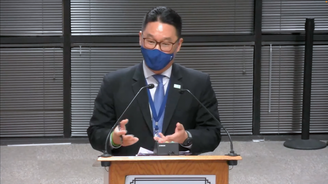 Paul Koh, assistant superintendent for student support services, talks about masking 2-year-old children at the Wake County school board meeting on Feb. 1, 2022 in Cary, N.C.