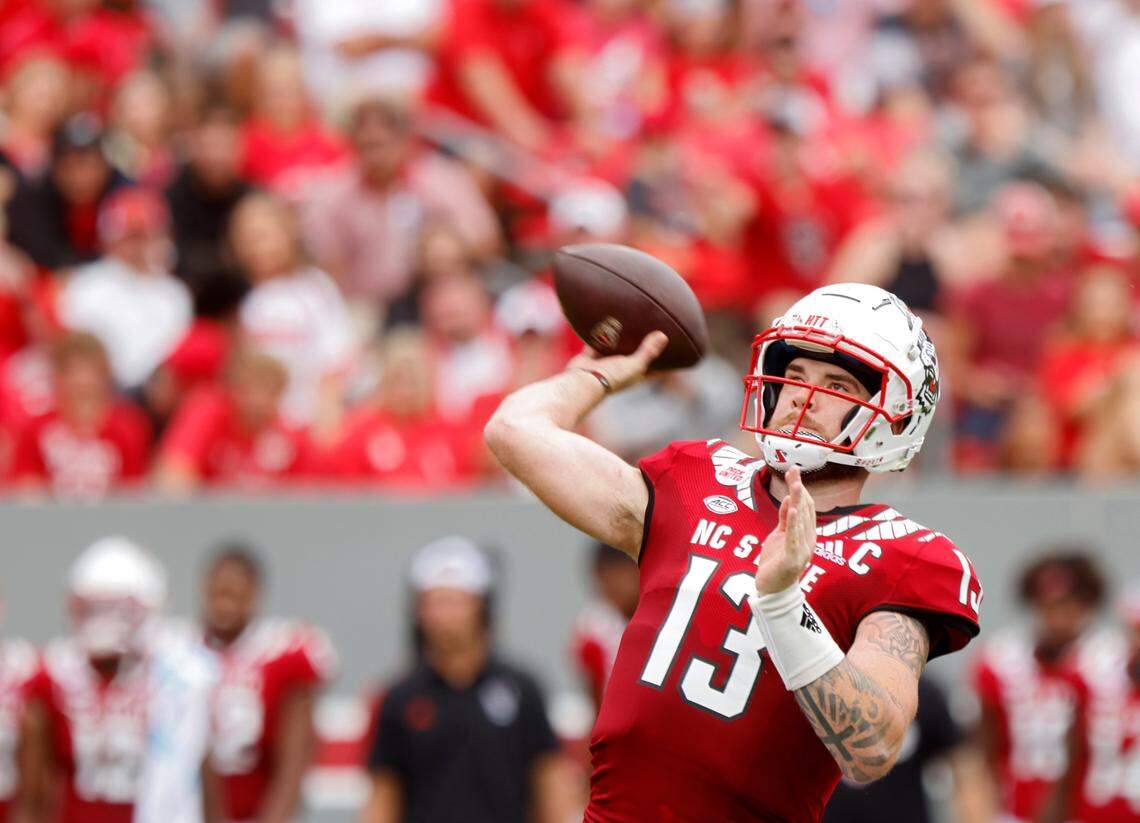 N.C. State quarterback Devin Leary looks to pass during the first half of the Wolfpack’s game against Charleston Southern on Saturday, Sept. 10, 2022, at Carter-Finley Stadium in Raleigh, N.C.