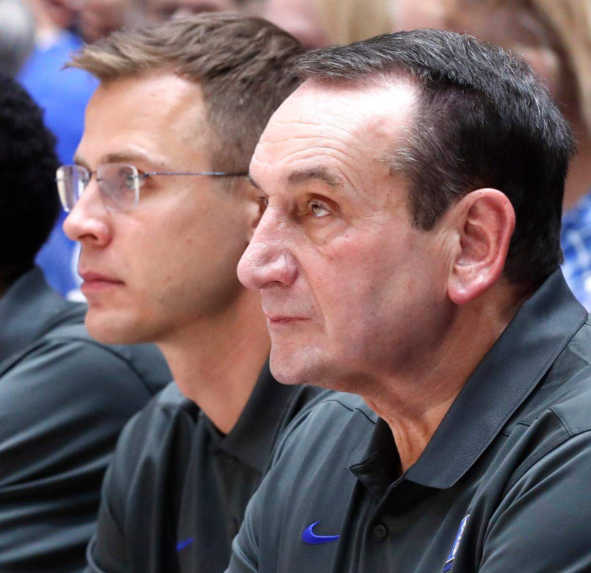 Duke head coach Mike Krzyzewski and associate head coach Jon Scheyer watch during the second half of Duke’s 82-56 victory over Army at Cameron Indoor Stadium in Durham, N.C., Friday, November 12, 2021.