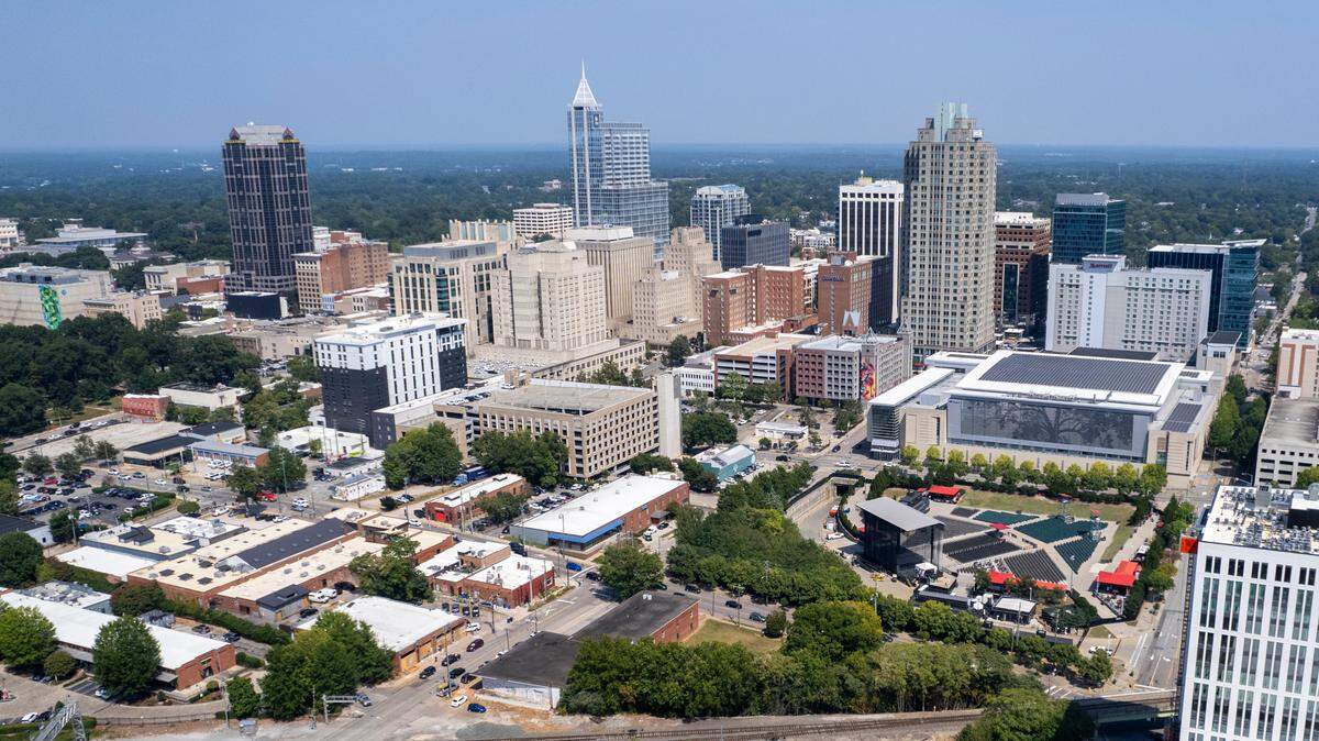 An aerial view of downtown Raleigh’s skyline on Wednesday, August. 28, 2024.