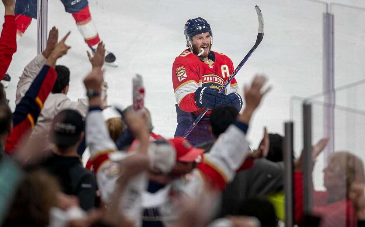 The Florida Panthers Matthew Tkachuk (19) reacts after scoring the game winning goal on Carolina Hurricanes goalie Frederik Andersen (31) with five seconds to play in the third period to secure a 4-3 victory and clinch the Eastern Conference Finals on Wednesday, May 24, 2023 at FLA Live Arena in Sunrise, Fla.