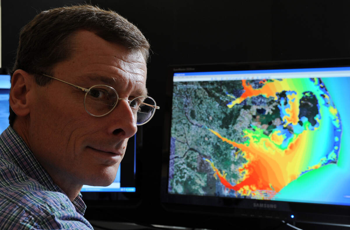 Dr. Rick Leuttich, director of the UNC Center for Natural Hazards and Disasters, uses computer modeling to predict storm surge from hurricanes and the areas effected.