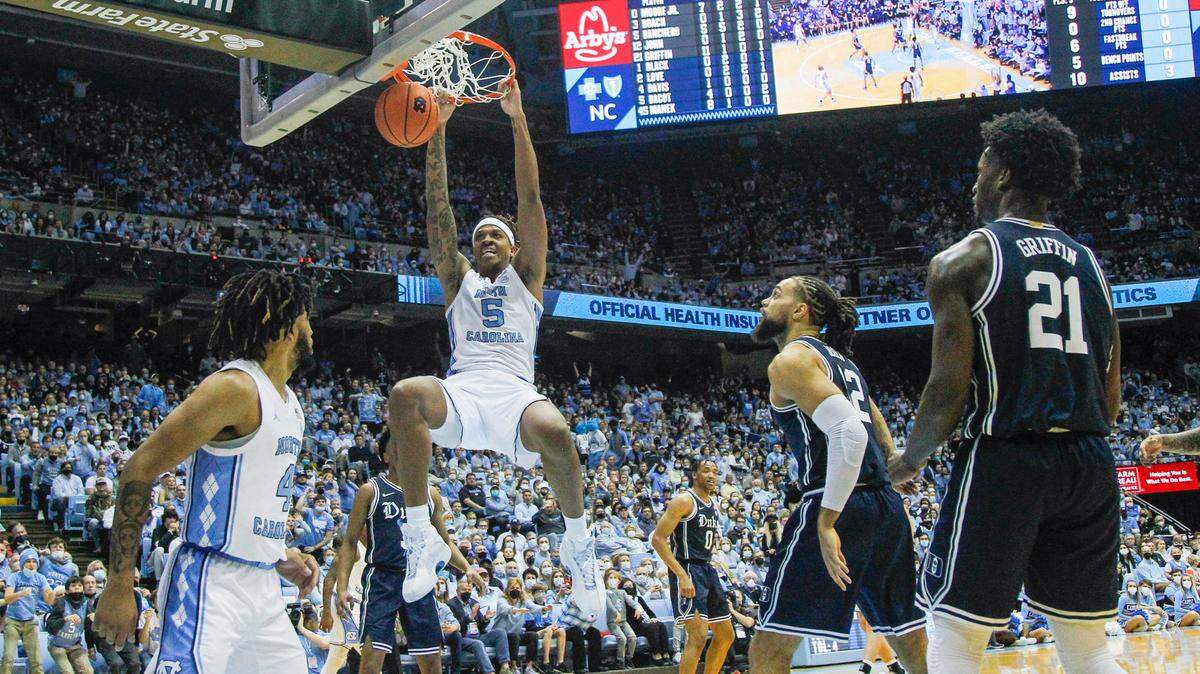 North Carolina’s Armando Bacot (5) slam dunks during the first half of UNC’s game against Duke Saturday, Feb. 5, 2022 at the Dean Smith Center.