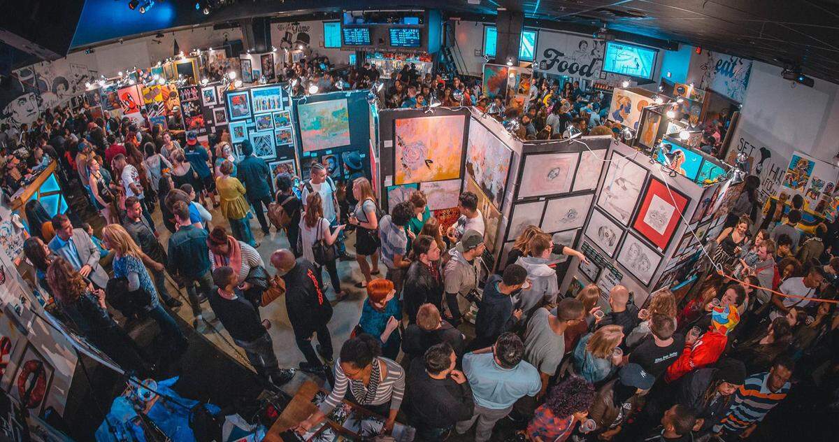 Pancakes & Booze art shows travel the country — a pop-up art show with 50 to 100 local artists.  The art show tour, seen here in Washington, DC, returns to Raleigh's Lincoln Theater May 31.