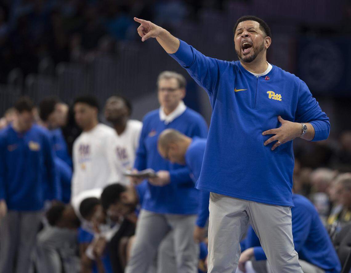 Pittsburgh coach Jeff Capel directs his team on offensive during the first half against North Carolina during the semi-finals of the ACC Men’s Basketball Tournament at Capitol One Arena on Friday, March 15, 2024 in Washington, D.C.