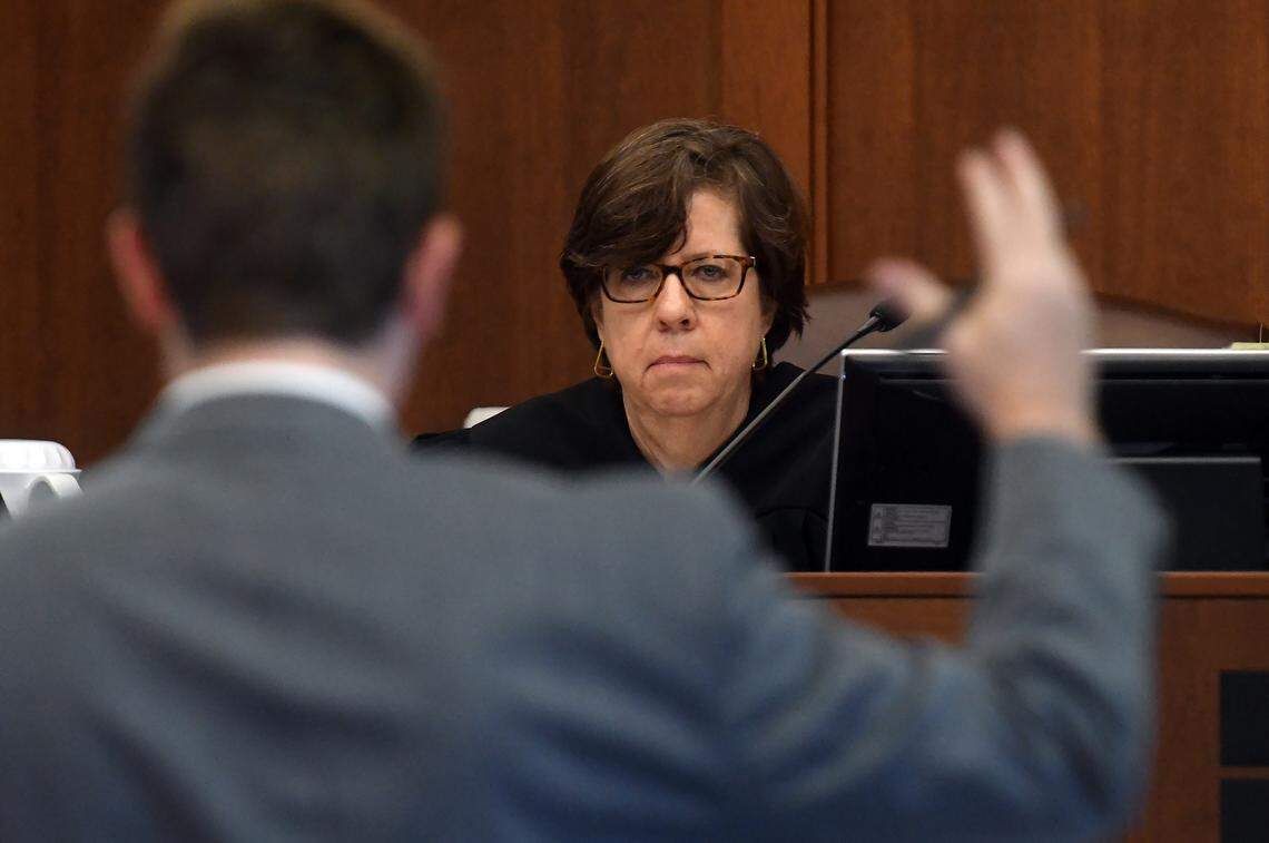 Superior Court Judge Becky Holt listens to an argument by a prosecuting attorney during the Ramone Alston murder trial in an Orange County Superior courtroom on May 21, 2018,  Alston is on trial on a charge of killing 1-year-old Maleah Williams on Christmas Day 2015 in Chapel Hill.