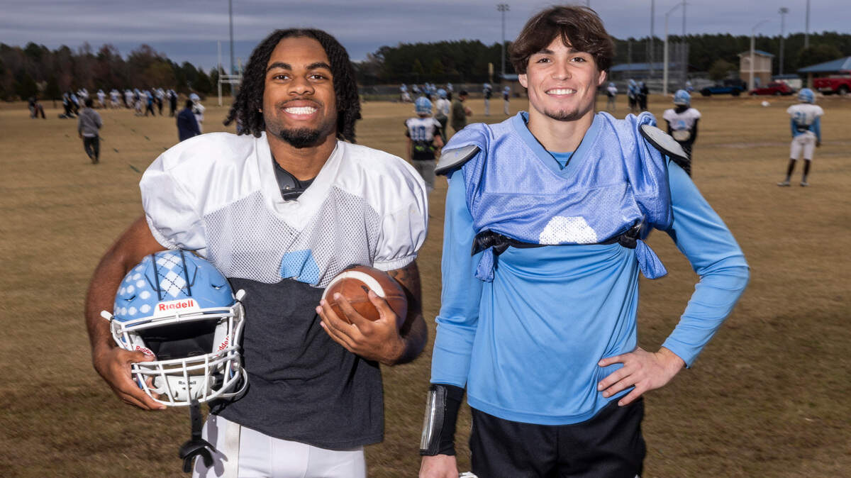 Cleveland High seniors Landon Inscoe, saftey, and Cameron Goins, receiver, are among unbeaten regular season senior players who are looking for first NCHSAA state championship.