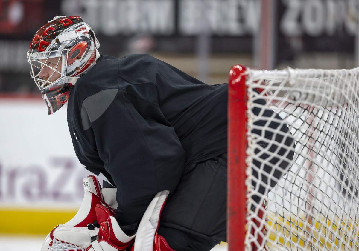 Carolina Hurricanes goalie Frederik Andersen (31) tends the net during practice on Friday, May 15, 2026 at Lenovo Center in Raleigh, N.C.
