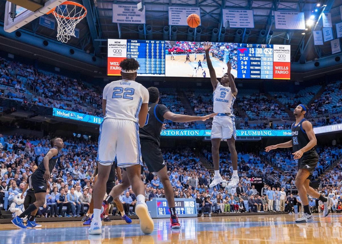 North Carolina forward Drake Powell (9) puts up a shot in the first half against SMU on Tuesday, January 7, 2025 in Chapel Hill, N.C. Powell scored 17 points in the Tar Heels’ 82-67 victory.
