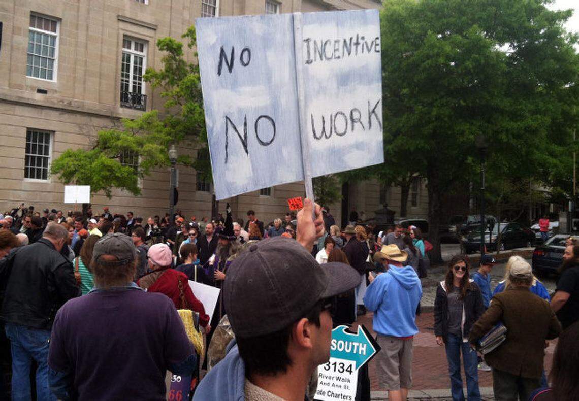 Kevin Stone, 26, of Wilmington shows his support for the state’s film incentives as other supporters gather for a rally in downtown Wilmington on April 20, 2013. Stone operates a forklift for movie productions and does other “grunt work,” he said. “The incentives employ lots of people,” he said.