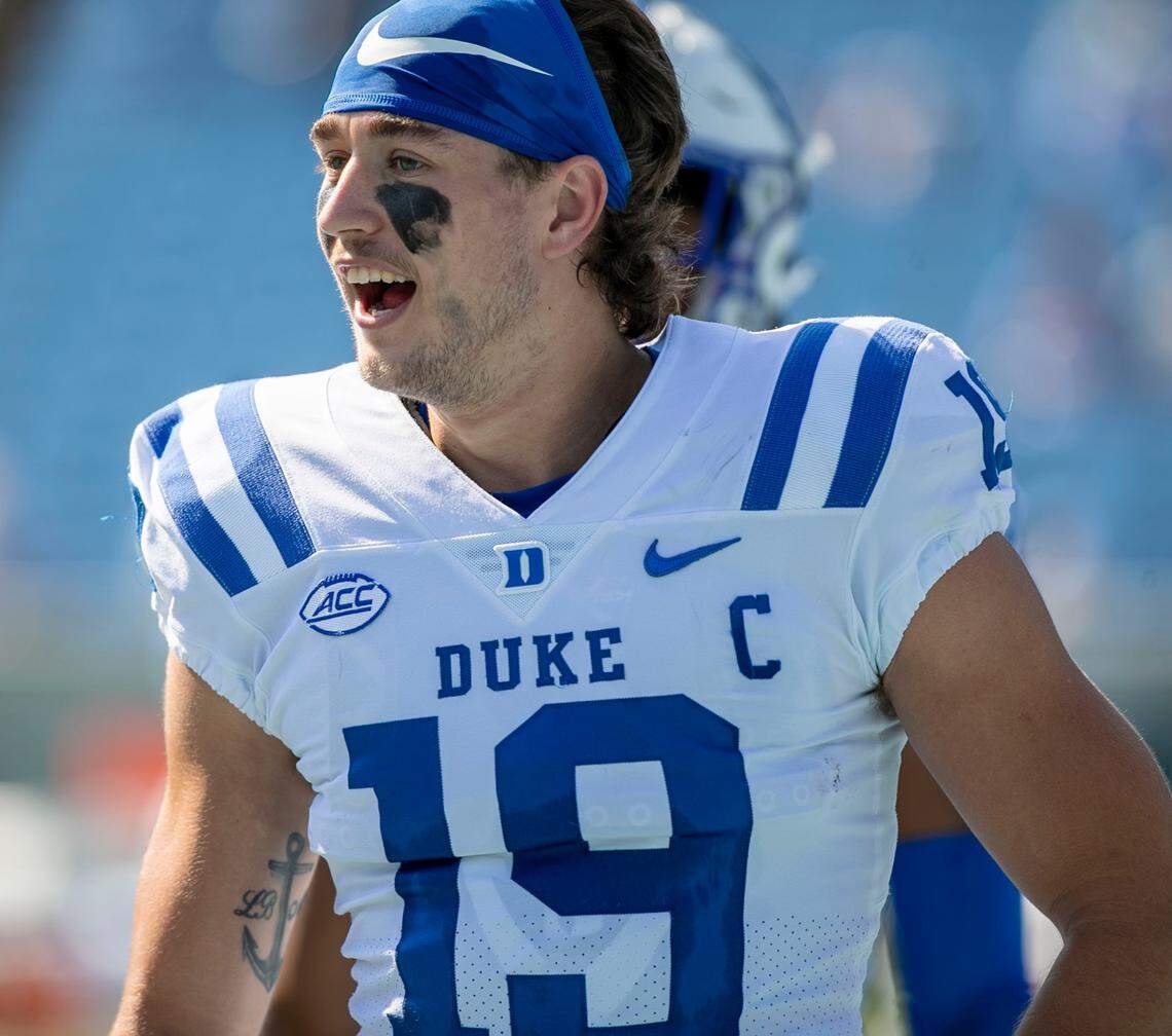 Duke’s Jake Bobo (19) warms up for the Blue Devils’ game against North Carolina on Saturday, October 2, 2021 at Kenan Stadium in Chapel Hill, N.C.