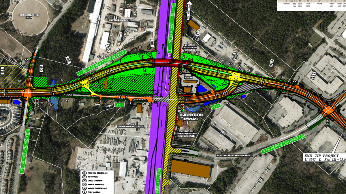 The N.C. Department of Transportation proposes to build a bridge that would carry McCrimmon Parkway over N.C. 54 and the railroad tracks beside it in Morrisville. Drivers would use a new ramp east of the current intersection to get from one road to the other.