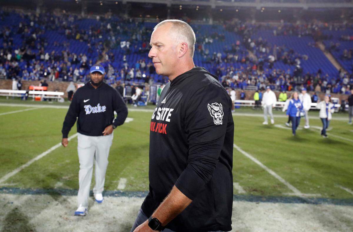 N.C. State head coach Dave Doeren walks off the field after Duke’s 24-3 victory over N.C. State at Wallace Wade Stadium in Durham, N.C., Saturday, Oct. 14, 2023.