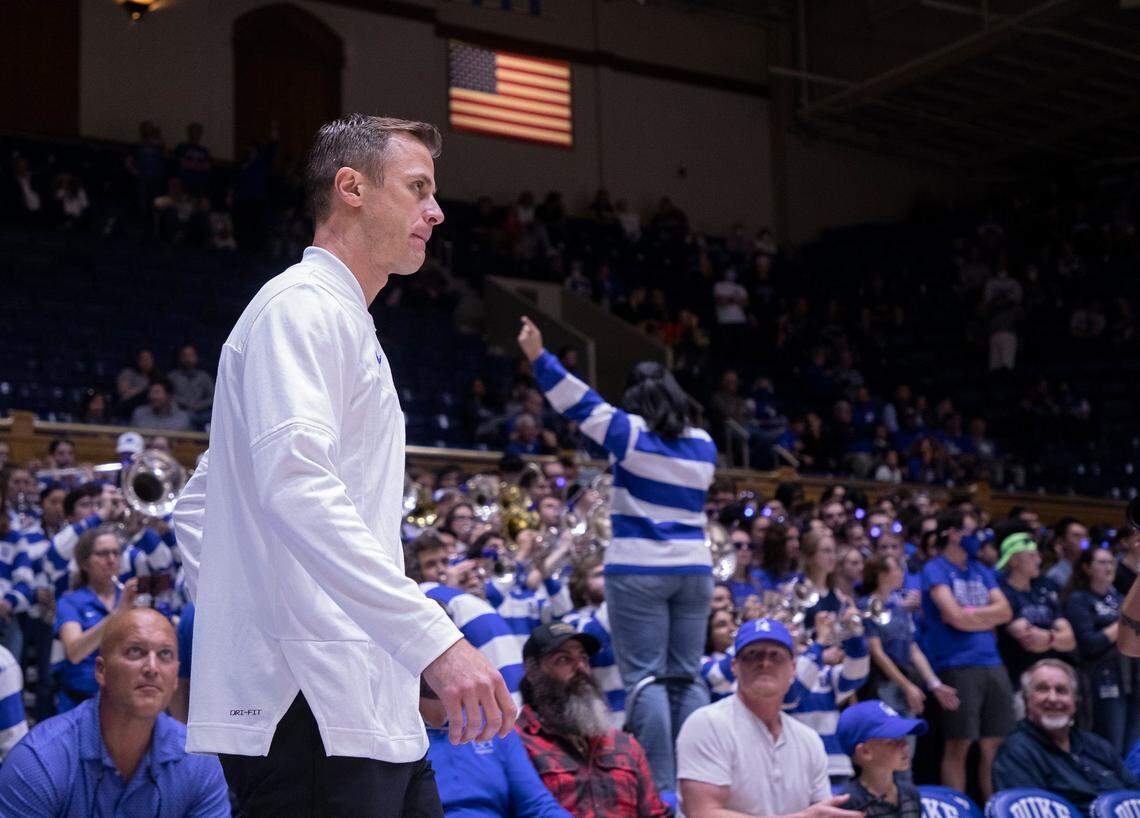 Duke Blue Devils head coach Jon Scheyer walks on the court at Cameron Indoor Stadium prior to an exhibition game against Fayetteville State on Wednesday, Nov. 2, 2022, in Durham, N.C.