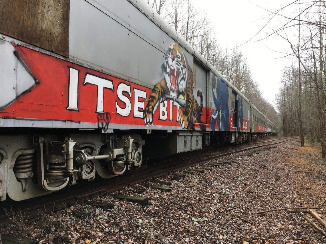 One of four former circus train cars that were destroyed by fire in Nash County on March 10, 2022. The N.C. Department of Transportation owned the cars and was storing them on a remote section of track east of Spring Hope.