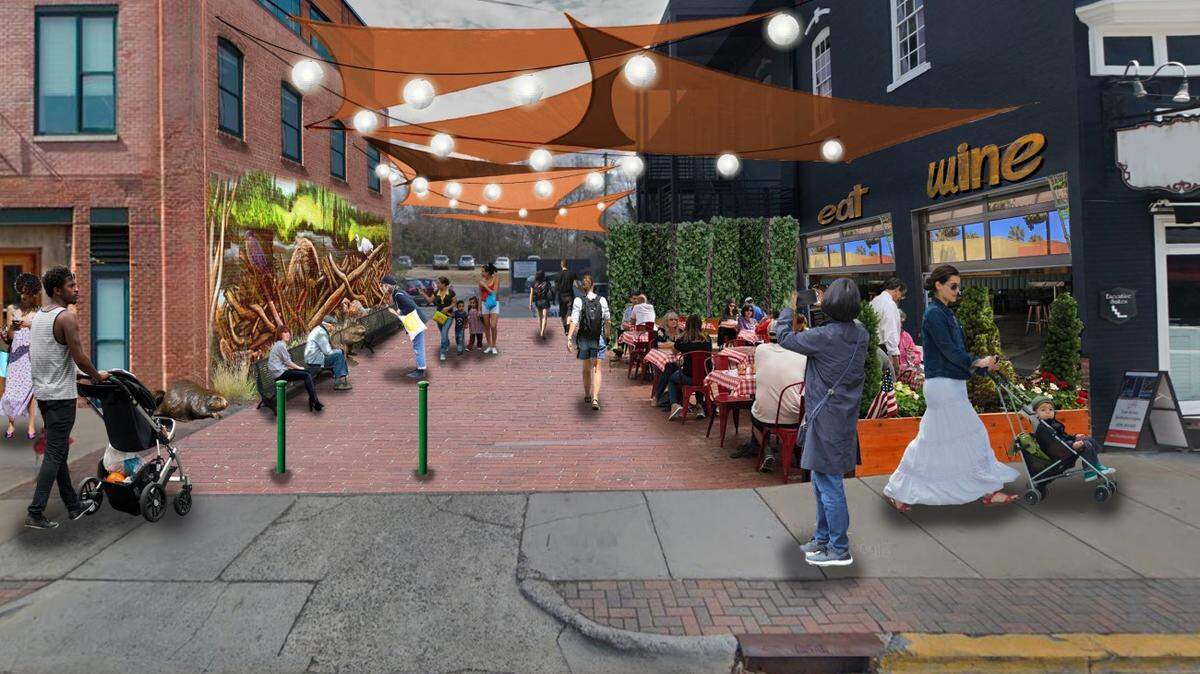 A rendering of a repurposed alleyway in Apex next to a current fire station downtown. Changes are slated to be completed by 2023.