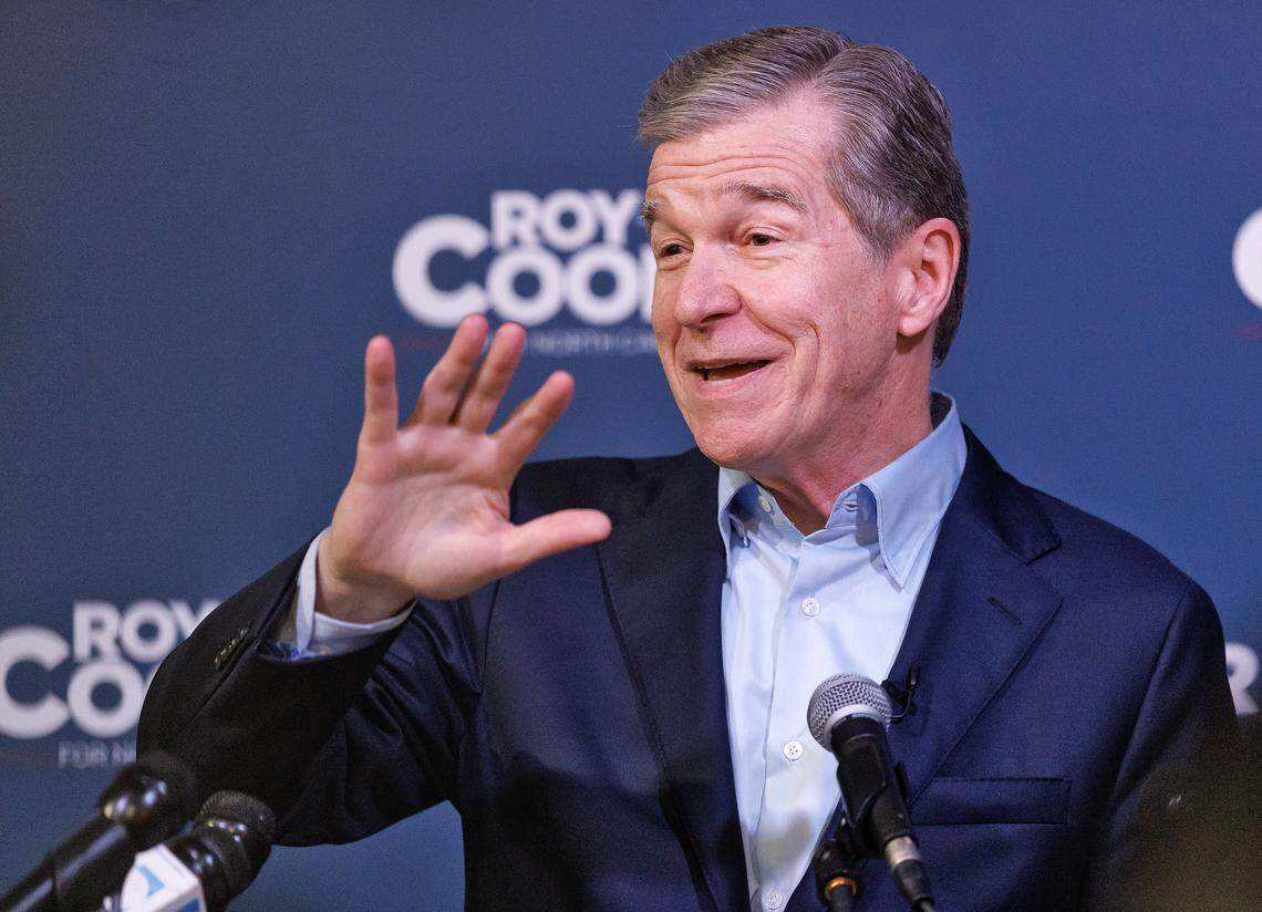 Former North Carolina governor and U.S. Senate candidate Roy Cooper speaks during an event at Clouds Brewing Taproom on Wednesday, March 4, 2026, in Raleigh, N.C.