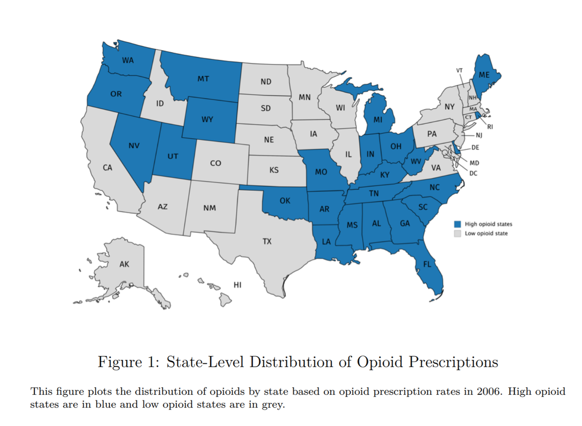 A map showing which states have been hit hardest by opioid addiction.