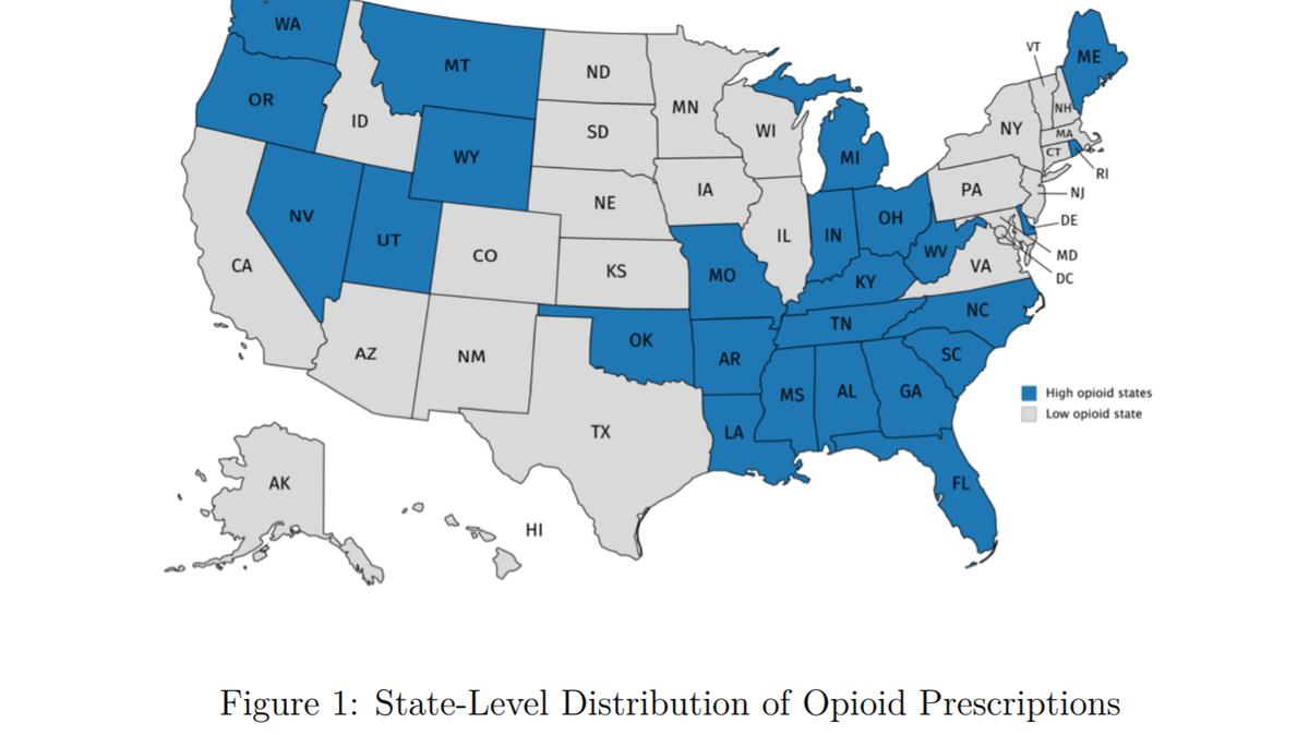 A map showing which states have been hit hardest by opioid addiction.