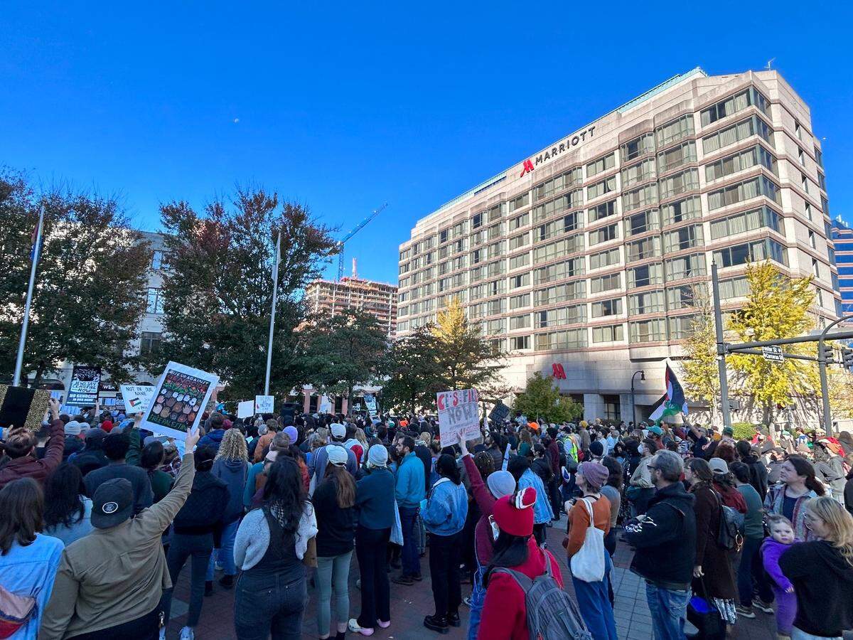 Several hundred people gathered on Saturday morning on November, 4, 2023, to protest the bombing of the Gaza territory of Palestine in the Israel-Hamas war.