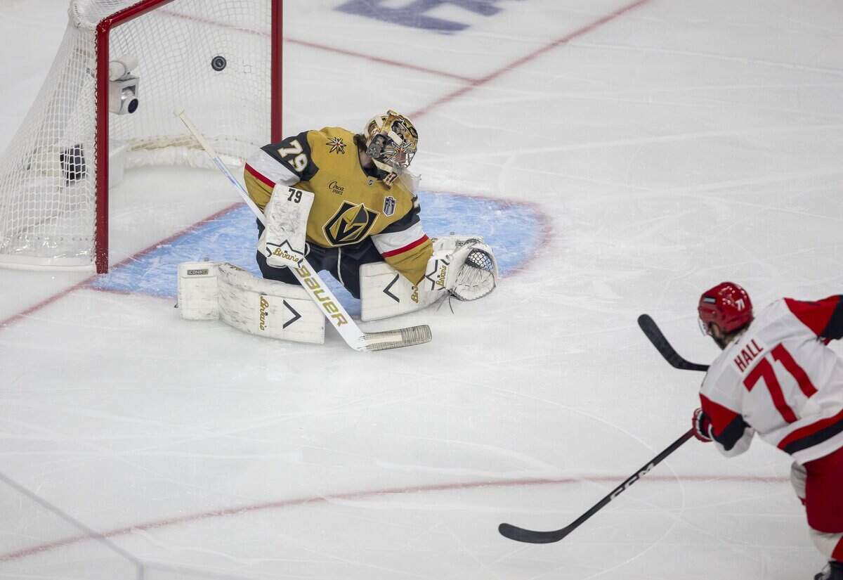 Carolina Hurricanes left wing Taylor Hall (71) scores on Vegas goalie Carter Hart (79) in the first period to take 1-0 lead during Game 6 of the Stanley Cup Final, on Sunday, June 14, 2026 at T-Mobile Arena in Las Vegas, NV.