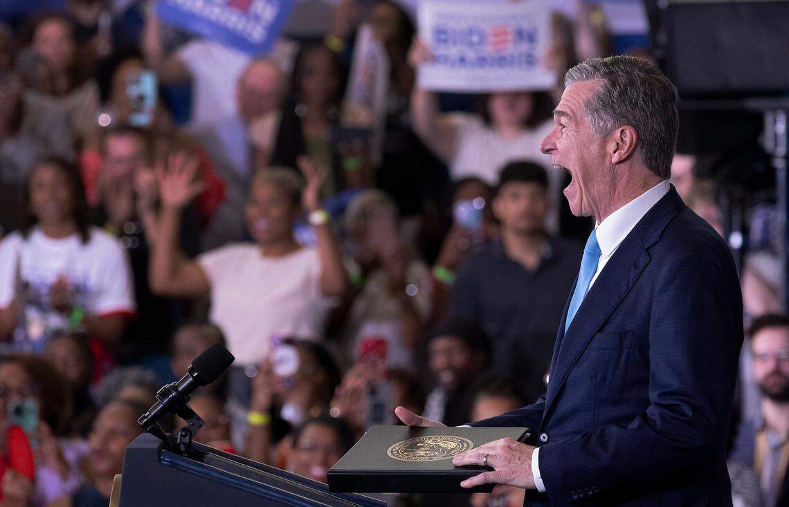 North Carolina Governor Roy Cooper reacts as he greets the crowd during a campaign event at James B. Dudley High School on Thursday, July 11, 2024, in Greensboro, N.C.