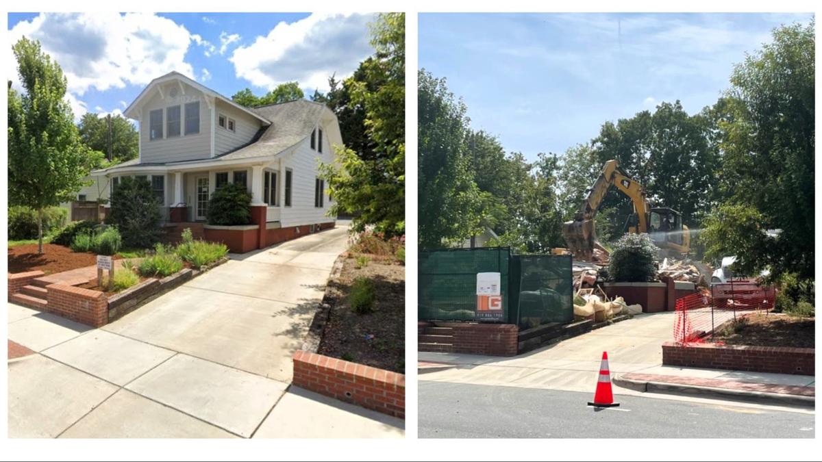Crews continued to demolish a two-story house at 107 N. Roberson St. on Thursday, Sept. 12, 2024. University Florist plans to open a new shop at the location in 2025.