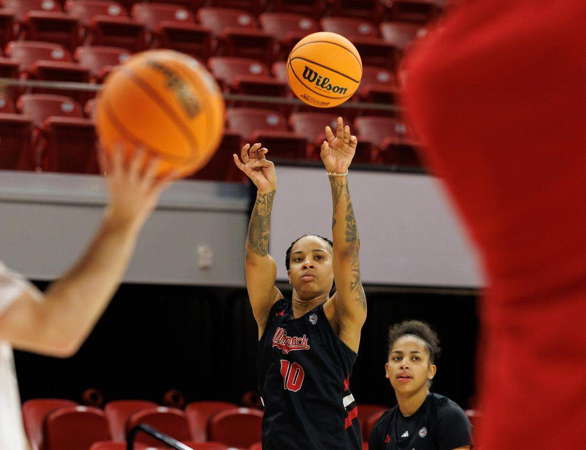 N.C. State’s Aziaha James puts up a shot during practice on Friday, March 21, 2025, at Reynolds Coliseum in Raleigh, N.C. N.C. State will face Vermont in the first round of the NCAA Tournament on Saturday.