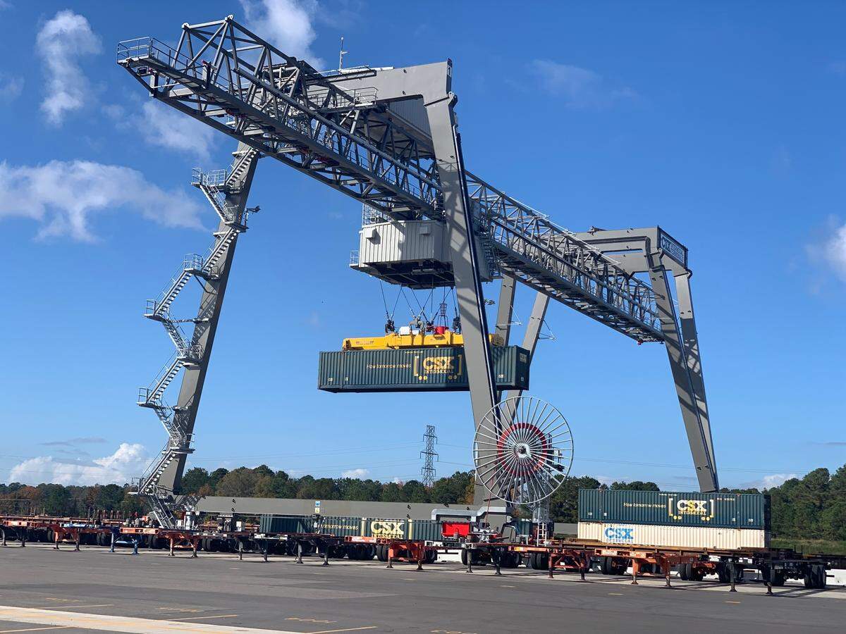 Carolina Connector, the CSX hub near Rocky Mount, North Carolina, has three, 83-foot-tall electric cranes for lifting and lowering shipping containers on and off trucks and rail cars.