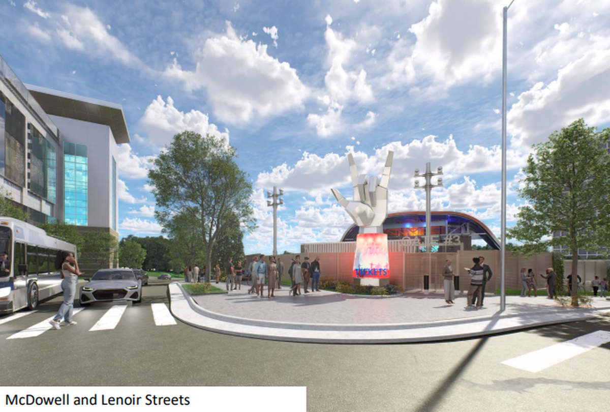 New designs for the Red Hat Amphitheater relocation shows the view of the venue at the intersection of McDowell and Lenoir streets in downtown Raleigh.