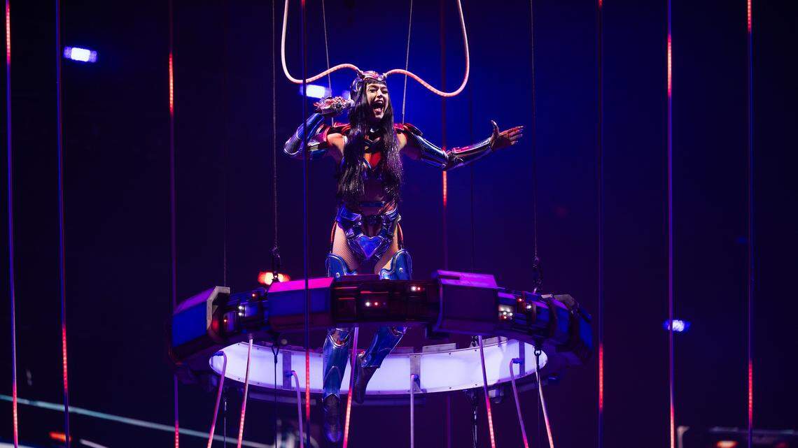 Katy Perry greets the roaring crowd at Raleigh, N.C.’s Lenovo Center, Sunday night, Aug. 17, 2025.