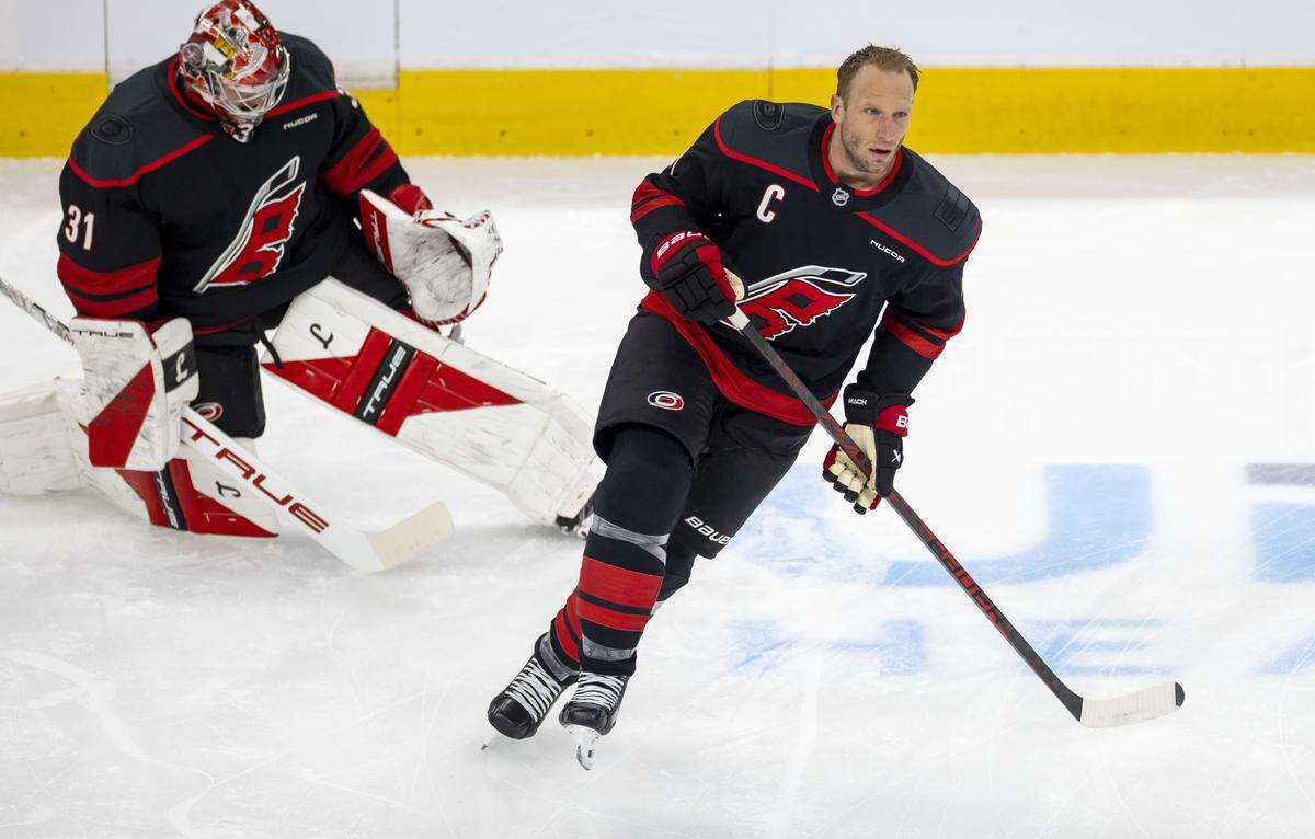 Carolina Hurricanes center Jordan Staal (11) and goalie Frederik Andersen (31), skate during pre-game warm ups prior to Game 2 against Ottawa on Monday, April 20, 2026 during the first round of the Stanley Cup Playoffs at Lenovo Center in Raleigh, N.C. 
