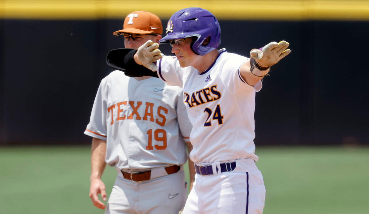 East Carolina’s Ben Newton (24) celebrates after hitting a double in the bottom of the fourth during ECUís game against Texas in the Greenville Super Regional at Clark-LeClair Stadium Friday, June 10, 2022.