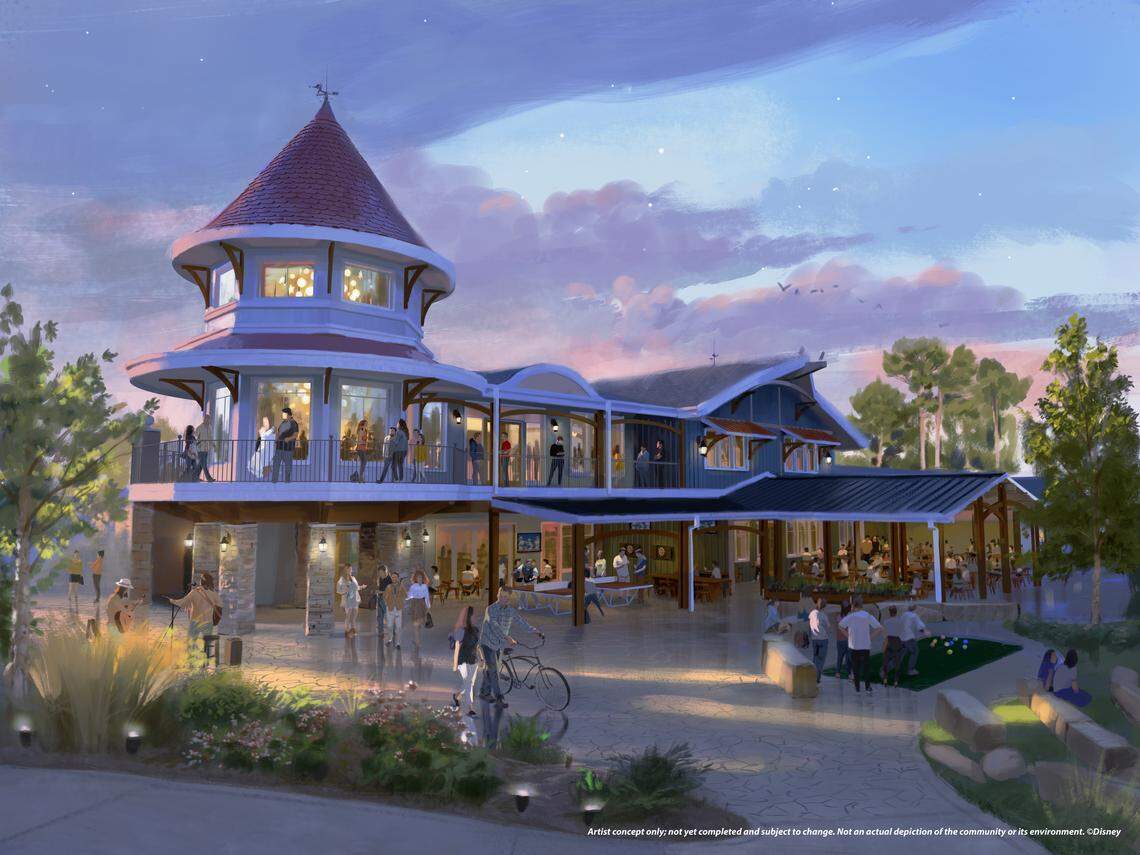 A rendering of Marquet Hall, a two-story restaurant planned for Disney’s Asteria in Pittsboro.