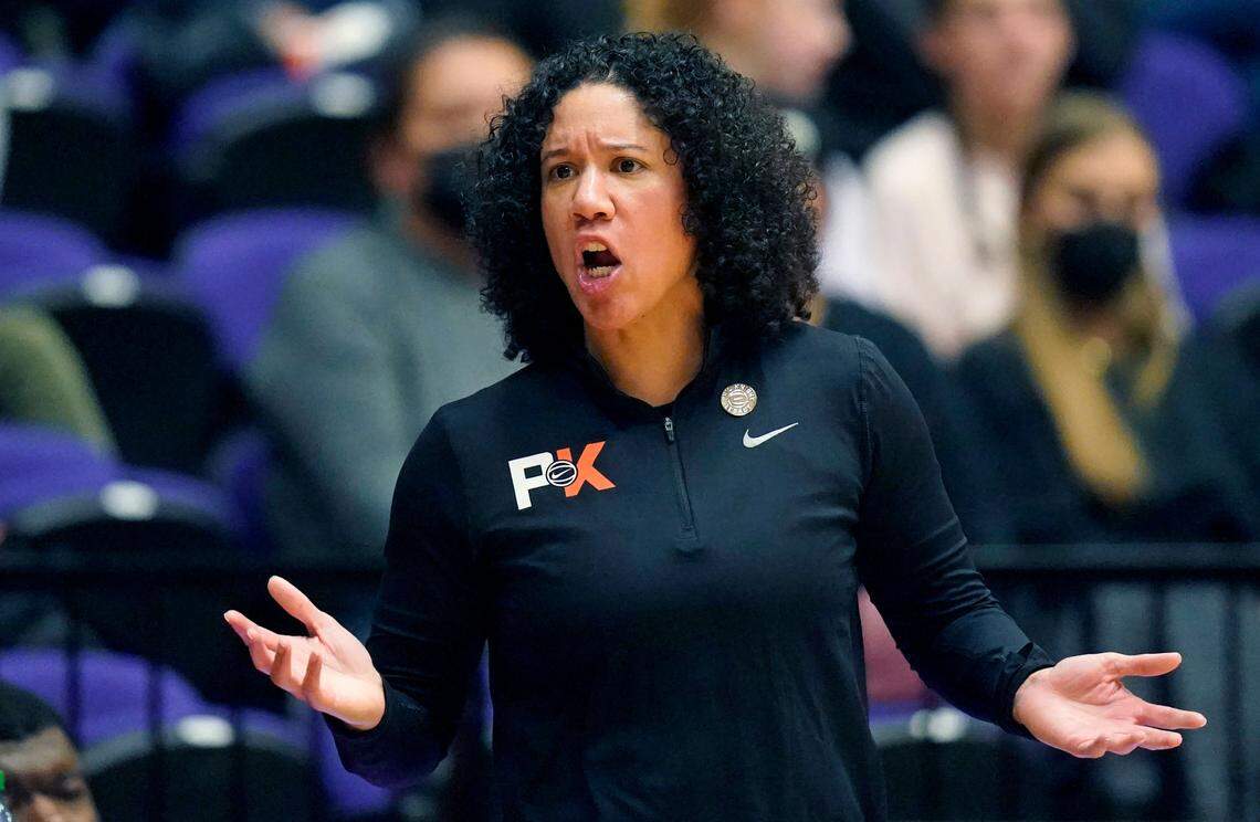 Duke head coach Kara Lawson shouts to her team during the second half of an NCAA college basketball game against Connecticut in the Phil Knight Legacy tournament Friday, Nov. 25, 2022, in Portland, Ore.