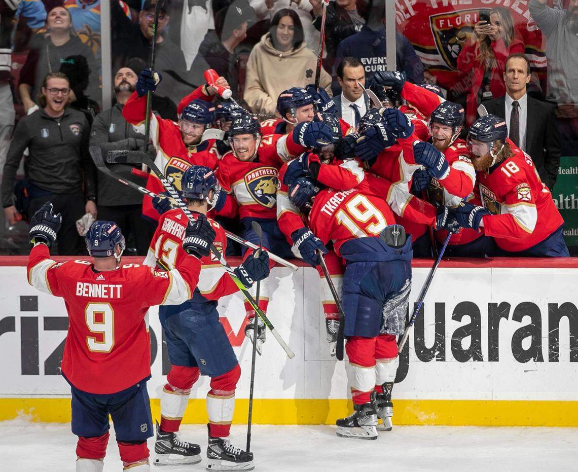 The Florida Panthers Matthew Tkachuk (19) celebrates with his teammates after scoring the game winning goal on Carolina Hurricanes goalie Frederik Andersen (31) with five seconds to play in the third period to secure a 4-3 victory and clinch the Eastern Conference Finals on Wednesday, May 24, 2023 at FLA Live Arena in Sunrise, Fla.