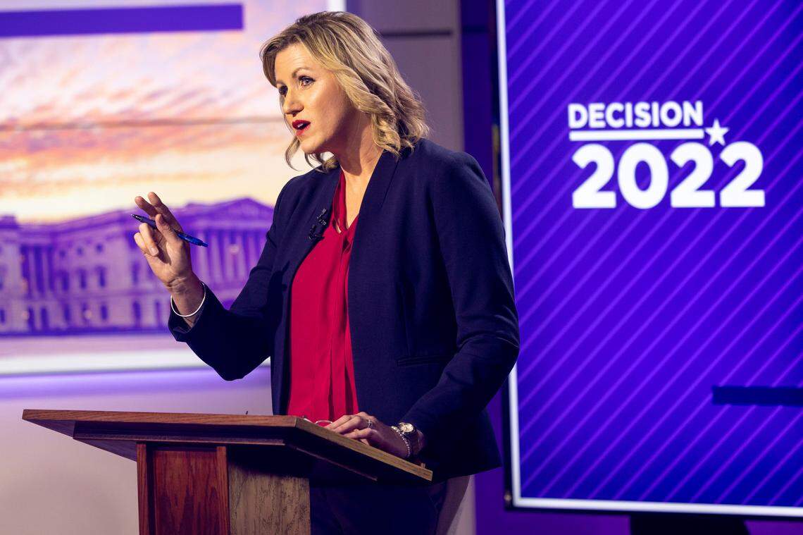 Republican U.S. Senate candidate Marjorie Eastman answers a question during an hour-long debate moderated by Spectrum News political anchor&nbsp;Tim Boyum at the Spectrum News studio in Raleigh, NC Wednesday, April 20, 2022.