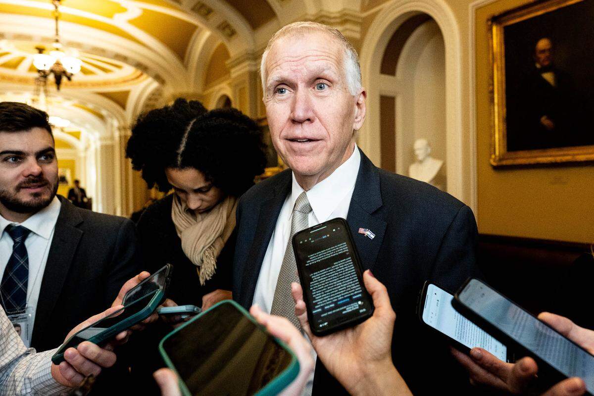 U.S. Sen. Thom Tillis (R-NC) speaking with reporters at the U.S. Capitol.