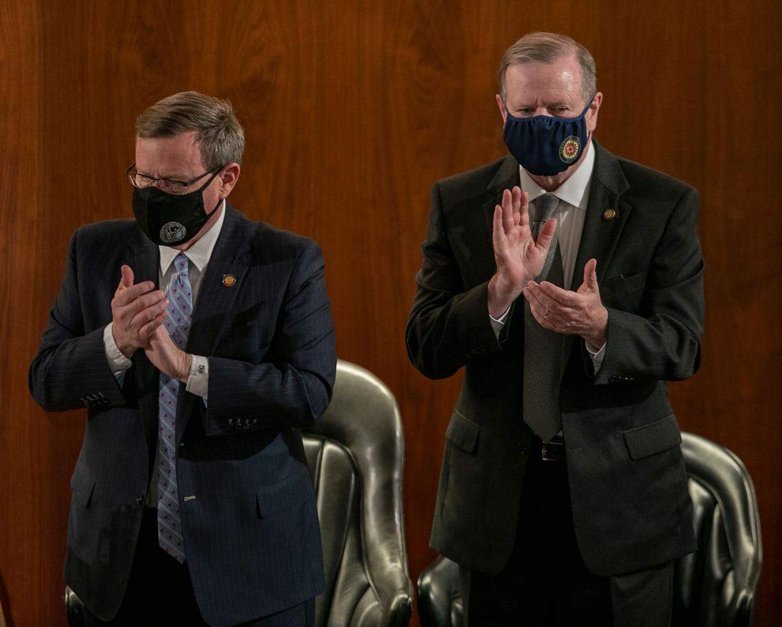House Speaker Tim Moore and Senator Phil Berger applaud Governor Roy Cooper following his State of the State address on Monday, April 26, 2021 in Raleigh, N.C