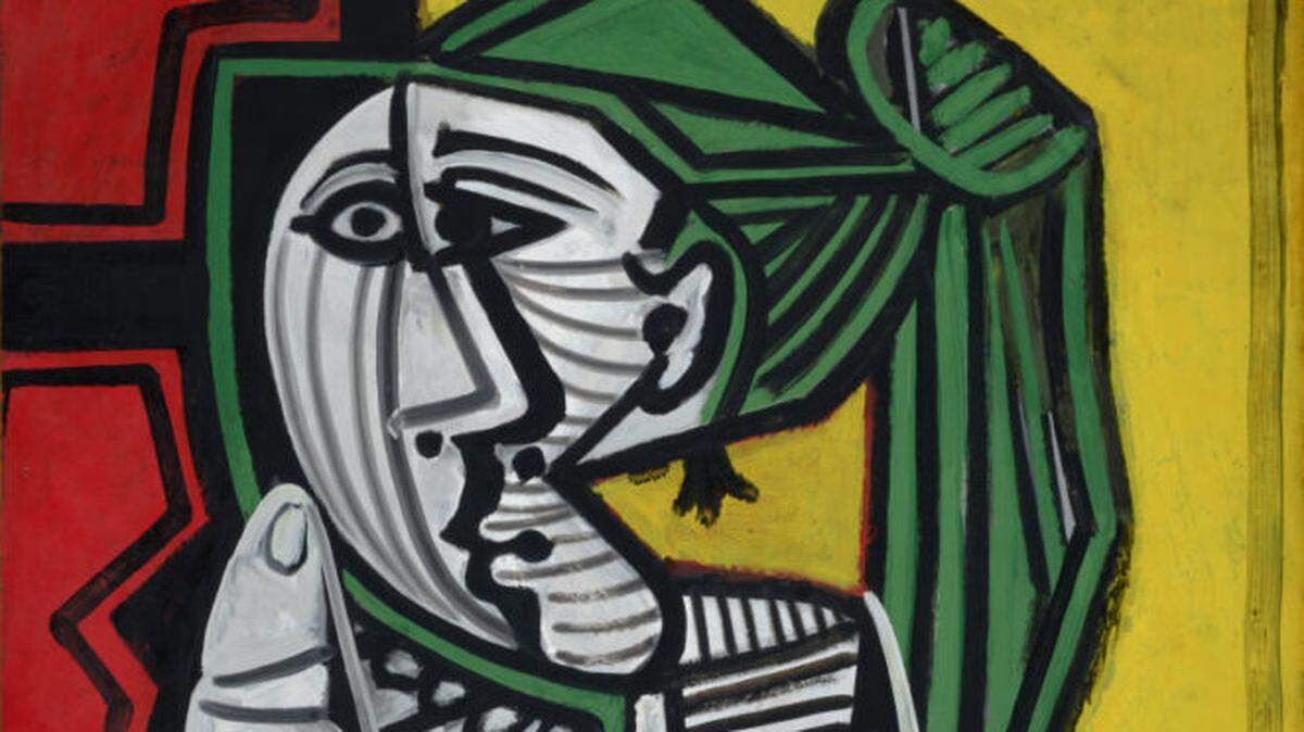 A portion of Picasso’s Femme assise, fond rouge et jaune (Seated Woman, Red and Yellow Background).