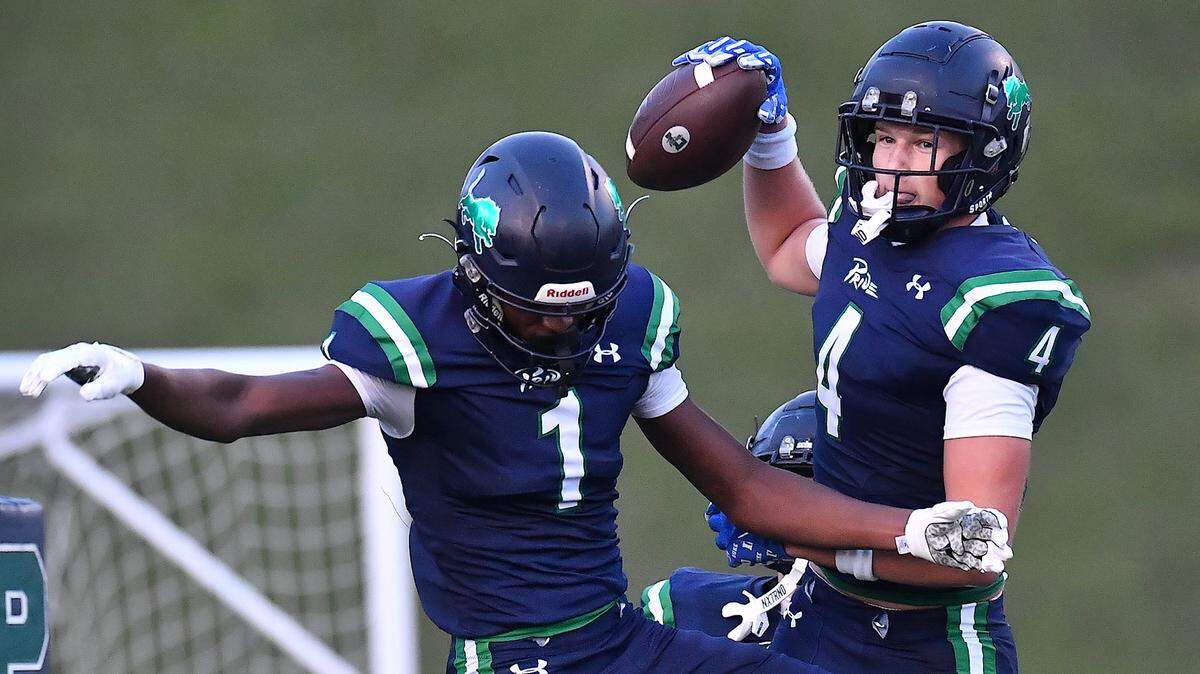 Leesville Road's Evan List (4) celebrates his touchdown against Heritage with Devin Goldston (1) during the first half.  The Leesville Road Pride and the Heritage Huskies met in a  football game in Raleigh, N.C. on September 5, 2025.