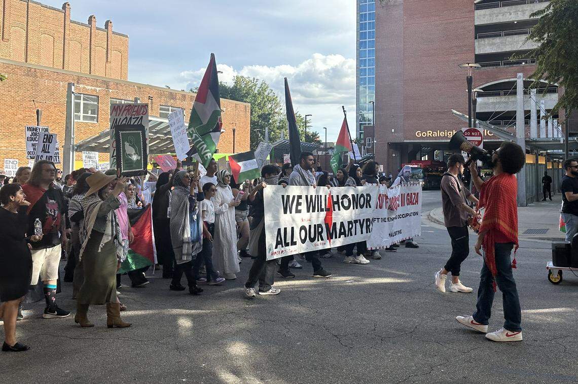 Pro Palestine protesters on Sunday, October 5, 2025, marched through downtown, stopping at the legislative building before returning to Moore Square about an hour later.