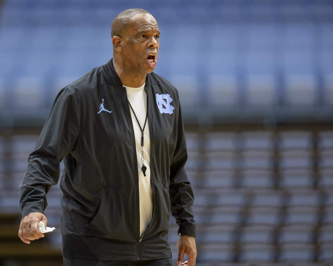 North Carolina coach Hubert Davis works with his team during practice on Thursday, October 9. 2025 at the Smith Center in Chapel Hill, N.C.