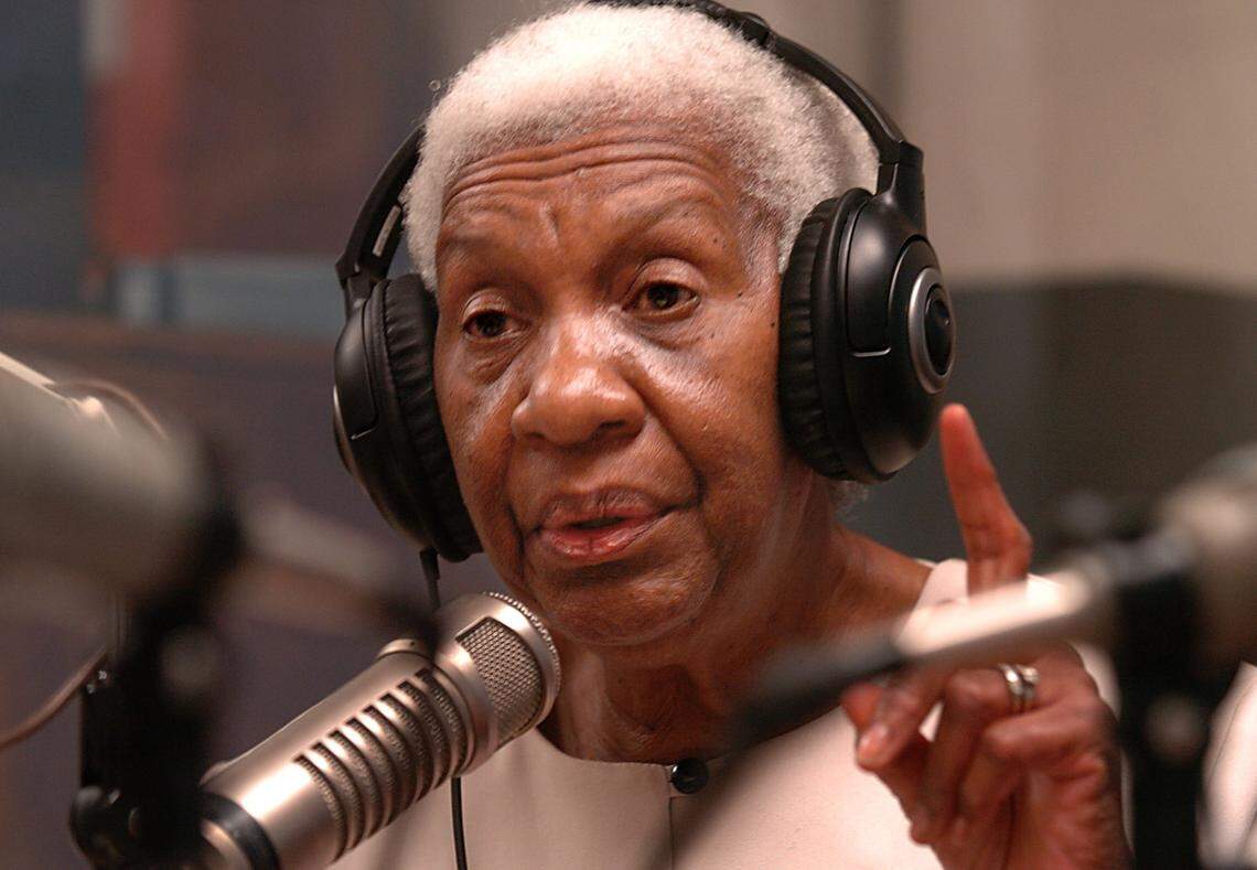 SHAWRADIO.050705.CLL -- Margaret Rose Murray, who has been on-air at WSHA 88.9 FM-Shaw University since 1980, speaks to her listeners on a Saturday morning from the second-floor station at the school’s library.