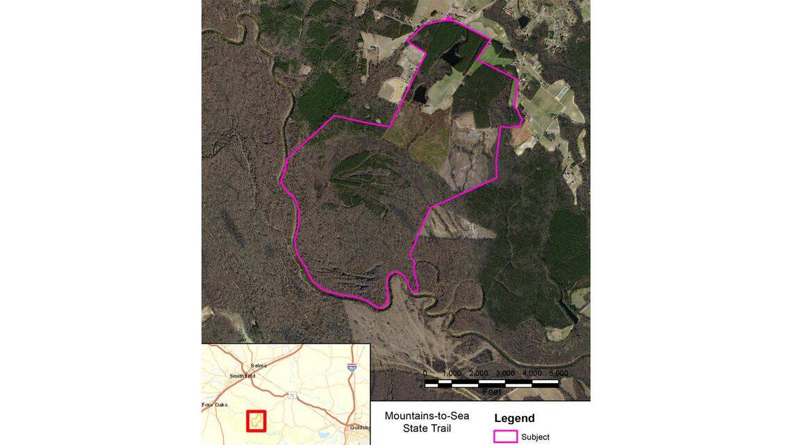 The state has purchased 1,127 acres of forest and farmland along the Neuse River in Johnston County, in an undeveloped area known as the Neuse Lowgrounds or the Let’Lones. The land will be used for The Mountains-to-Sea Trail.