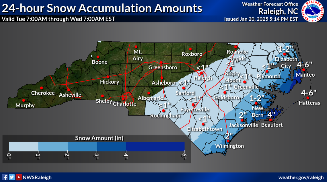 The snow forecast for central and Eastern North Carolina has been in flux for a week as forecasters try to gauge the likelihood of a moisture-rich weather system colliding with the cold air in place over the state on Tuesday, Jan. 21.