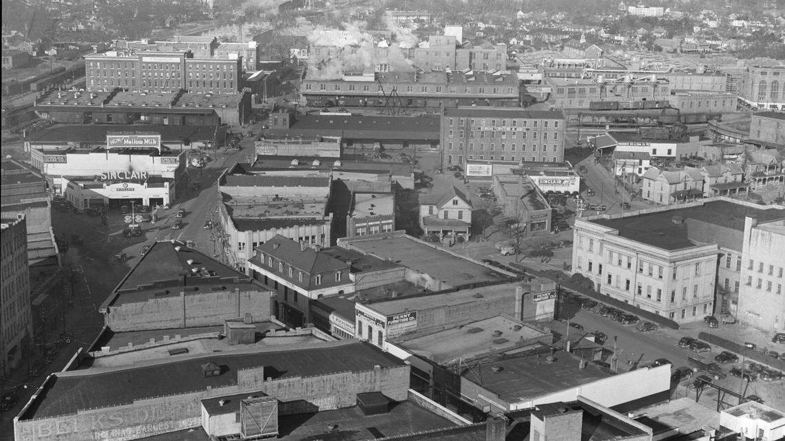 Tobacco warehouses and cigarette factories were a major part of the downtown Durham, N.C. landscape in 1939.