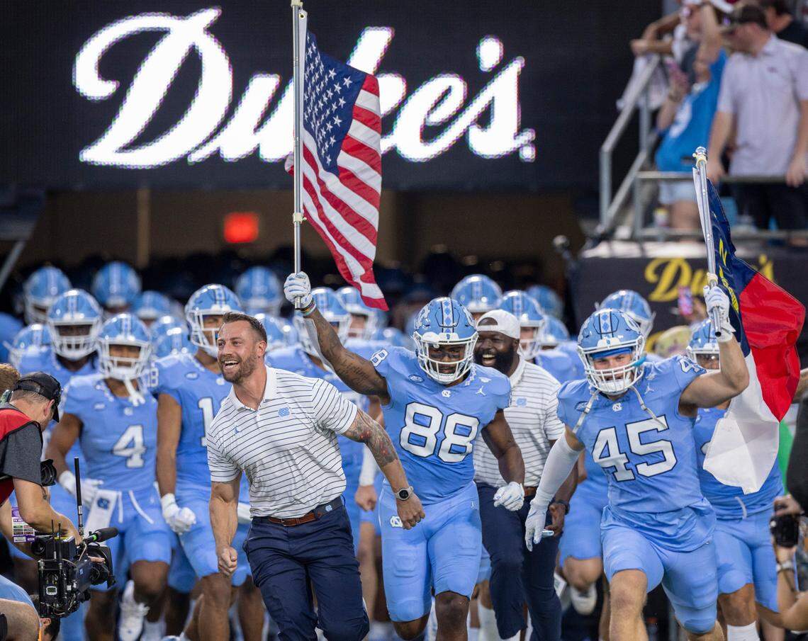 The Tar Heels enter Bank Of American Stadium for their season opening game against South Carolina on Saturday September 2, 2023 in Charlotte, N.C.