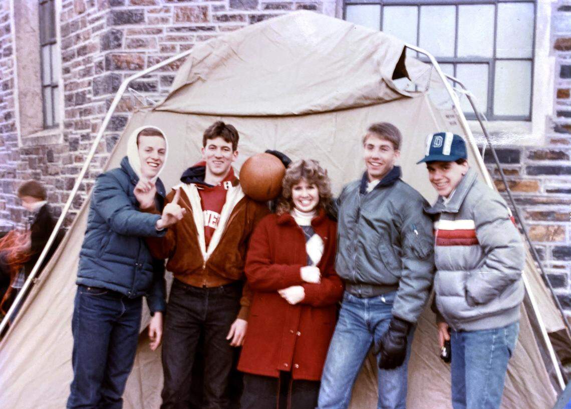 Some of the original tenters, including Kim Reed, in Krzyzewskiville, photographed in 1986. 