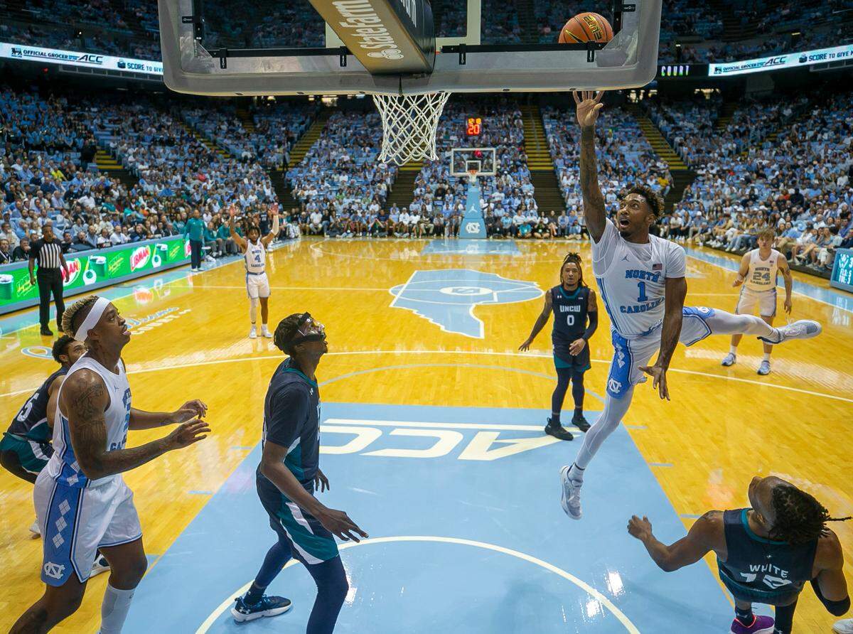 North Carolina’s Leaky Black (1) puts up a shot over UNC Wilmington’s Trazarien White (13) in the second half on Monday, November 7, 2022 at the Smith Center in Chapel Hill, N.C.